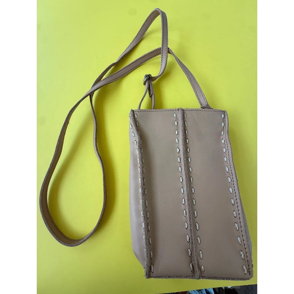 The Sak Tan Leather Whipstitch Crossbody Phone Bag Adjustable Strap Small
